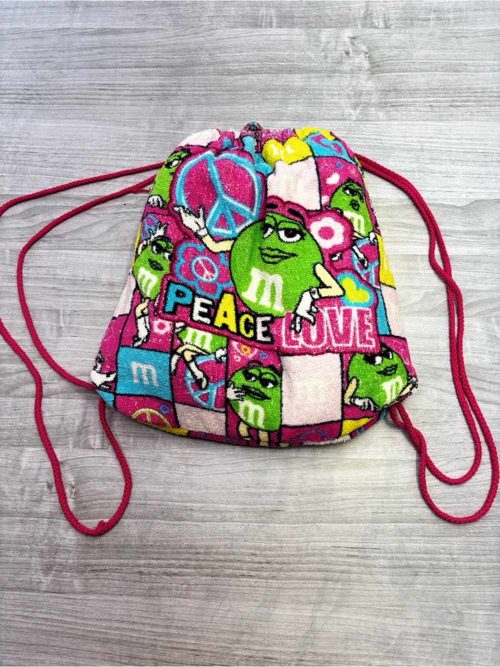 M&M'S Collectors Pink & Green Peace Love Beach Towel Drawstring Bag 2 in 1